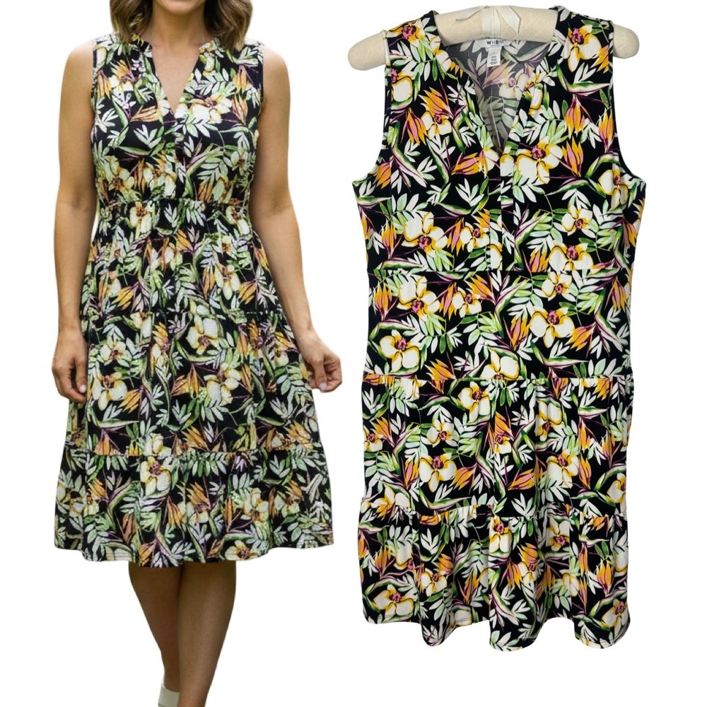 WHBM Women's‎ Tiered Shift Dress Floral Orchid Palms Sleeveless Black Large New